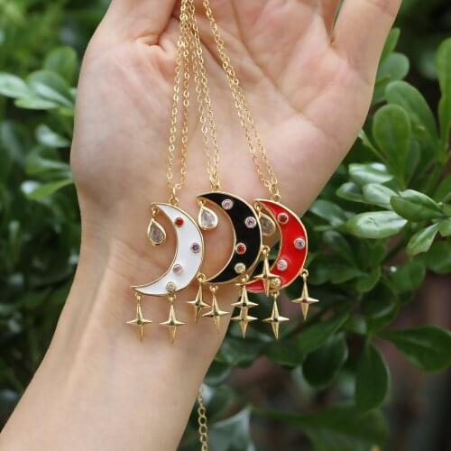 Fashion enamel moon micro paved rainbow CZ gold charm tassel star pendant necklace designed for women jewelry gifts