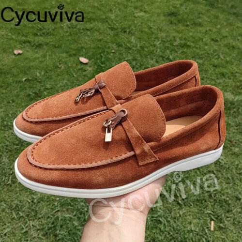 New Suede Flat Shoes Men Round Toe Slip On Male Loafers Metal Lock Decorate Blue Flat Mules Casual Shoes Summer Outwear Shoes