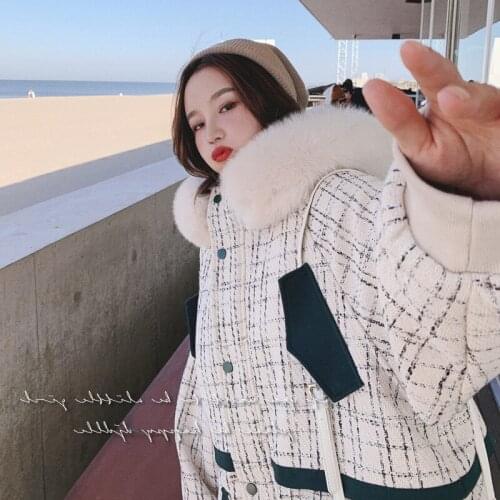 Autumn and winter new Korean version of loose thick padded jacket tide real shot small fragrant wind white plaid parker padded j