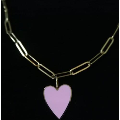 Trendy Link Chain Enamel Heart Necklace For Women Stainless Steel Punk Minimalist Gold Long Sweater Necklace Fashion