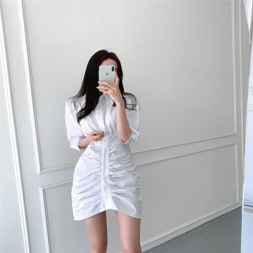 Pleated puff sleeve dress women 2021 new waist slim shirt dress