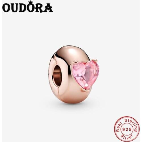 Real 925 Sterling Silver Pink Heart Solitaire Clip Charm Fit Original Pandora Charms Bracelet Pendant Bead Jewelry DIY Berloque