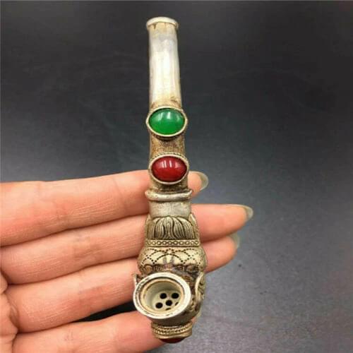 Antique Chinese Pipe Copper Bronze Inlaid Jade Dragon Phoenix Collectable Statu