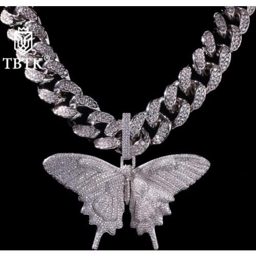 TBTK Promotion Charms Iced Out Butterfly Pendant Zirconia Animal Luxury Jewelry Punk Gold With 20mm CZ Cuban Link Chain Necklace