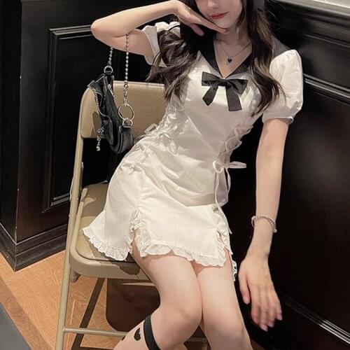 Japanese Kawaii Fairy White Dresses for Women 2021 Summer Ruffles Party Mini Lolita Dresses Puff Sleeve Lace Split Bodycon Dress