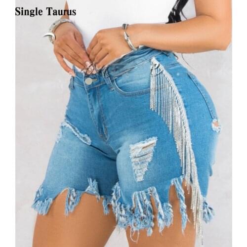 High Waist Denim Short Women Fashion Streetwear Slim Skinny Metal Decorative Tassel Jeans Shorts Blue Pantalones Cortos De Mujer