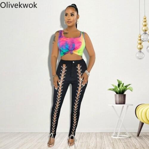 Olivekwok 2021 Woman Fshion Solid Pencil Pants Sexy Eyelet Hollow Out Zipper Woman black Jeans