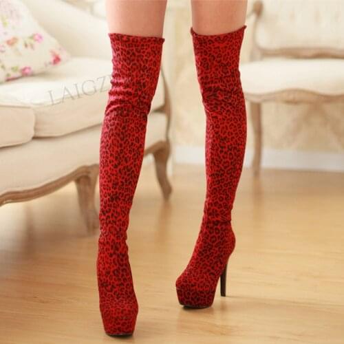 LAIGZEM Women Over Knee Platform Boots Stretchy Leopard Thin High Heeled Boots Ladies Party Cosplay Shoes Woman Size 41 47 52 54