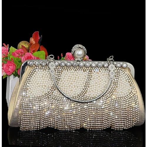 Womens Wedding Party Purse Luxury Diamond Crystal Tassel Pearl Elegant Mini Handbag Gold Evening Clutch Bag