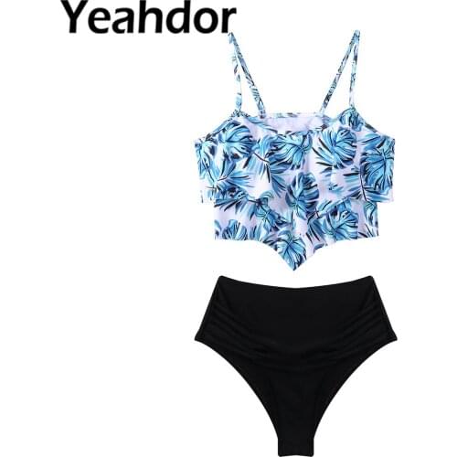 Women Two Piece Swimwear Bikini Set Floral Print Tankini Swimsuit Ruffled Tummy Top Bikini Triangle Bathing Suits Beachwear