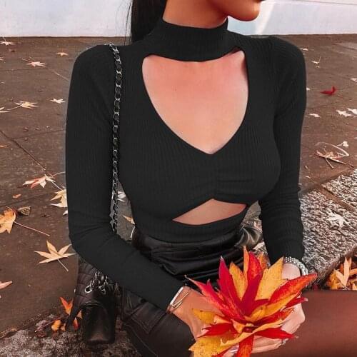 Sexy Autumn Cropped Tops Woman Hollow Out Long Sleeved Personality Street Wear T shirts Solid Black and Red 2 Color Clothes