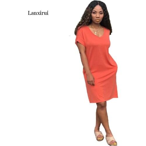 Women Solid V-neck Short Sleeve Slim Dress fashion Classci Knee Length T-shirt Style Dresses