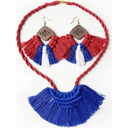 American Independence Day Tassel Necklace Earrings Set for Women Red Yellow Blue Cotton Fringe Wood Statement Handmade Jewelry