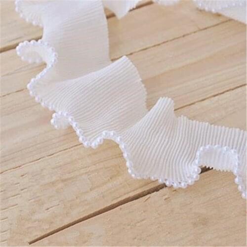 2yds Beaded Ruffle Chiffon Lace Trim Pleated Ribbon DIY Sewing Wedding Decor