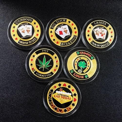 6 Coins Good Luck Challenge Coin Fashion Poker Card Guard Chips Token Coin Collections With Coin Capsule Golden Plated Coin Set
