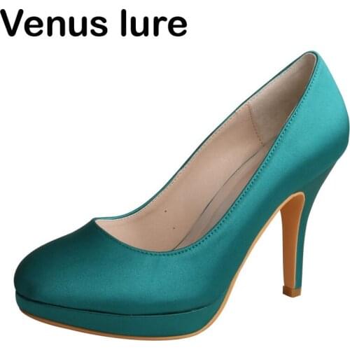 Olive Green Satin Close Toe Platform Wedding Shoes for Evening Party