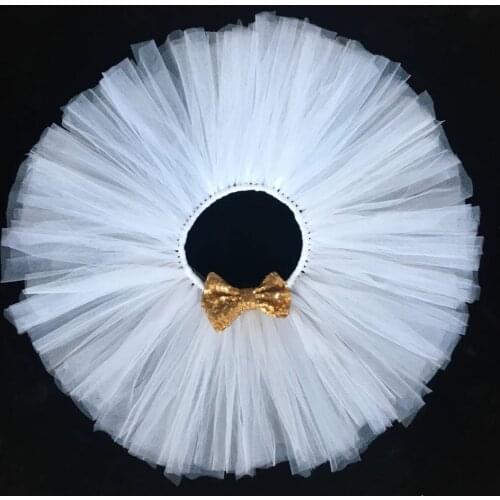 Girls White Tutu Skirt Infant Baby Fluffy Tulle Pettiskirt Ballet Dance Skirts with Gold Sequin Bow Kids Birthday Party Skirts
