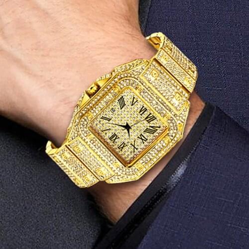 Missfox Full Diamond Watch Mens Hiphop Hot Men Quartz Watches Calendar Luxury Wristwatches For Male Tonneau Clock Dropshipping