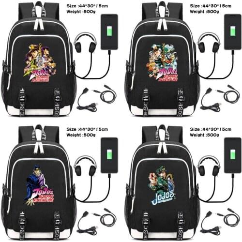 Anime JoJos Bizarre Adventure Canvas Backpack USB Charging Headphone Student Zip Cartoon Schoolbag Teenager Travel Laptop Bag