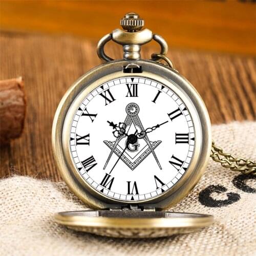 Exquisite Freemasonry Theme Quartz Necklace Watch Retro Bronze Pocket Clock with 80 cm Chain Souvenir Jewelry Clock Gifts