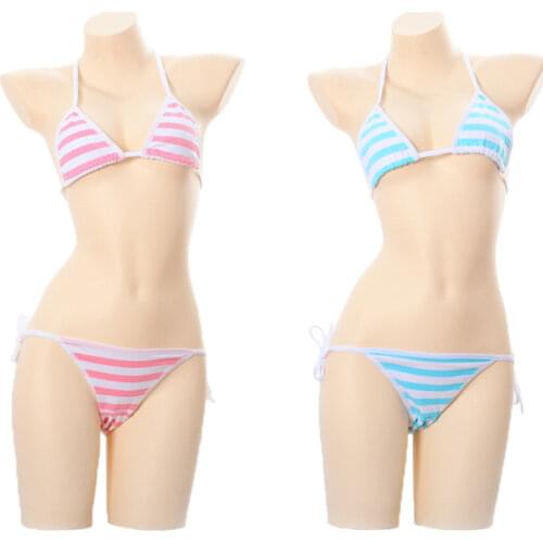 Sexy Lingerie Lolita Kawaii Blue Pink White Striped Bikini Adult Cosplay Erotic Costumes Bra Women Underwear Set