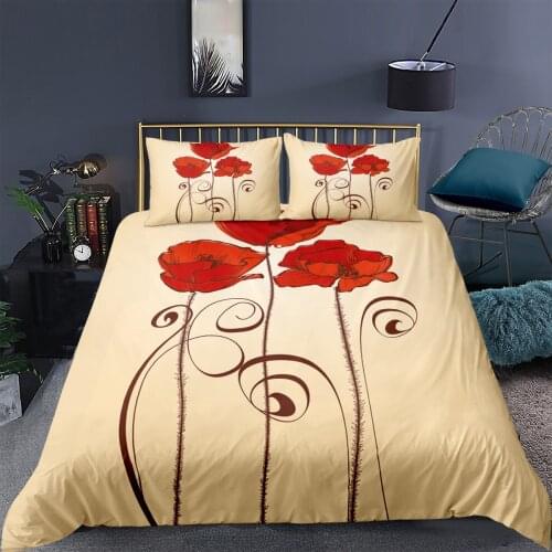Floral Red Poppy Bedding Set Blooming Flowers Quilt Cover Queen 2/3pcs Watercolor Home Textiles Sunflower Pink Bed Set
