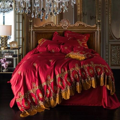 Red Black 80S Egyptian Cotton Luxury Princess Royal Bedding set Queen King Lace Duvet cover Bed sheet Linen set Pillowcase 4/6pc