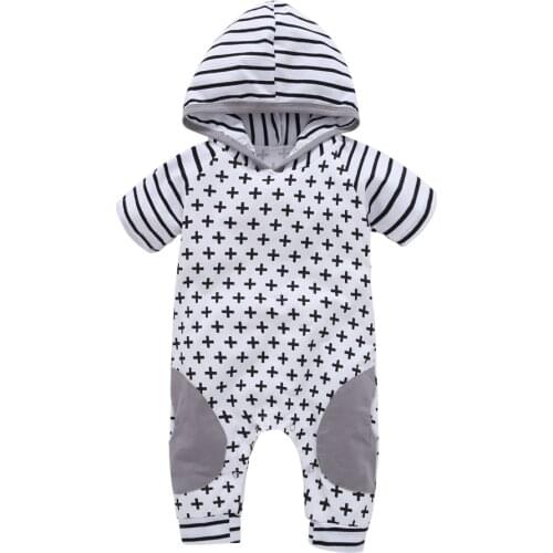 Summer Baby Boys girls rompers Cotton Short Sleeve Hooded baby clothes Geometric Striped Jumpsuit Outfits Suit infant