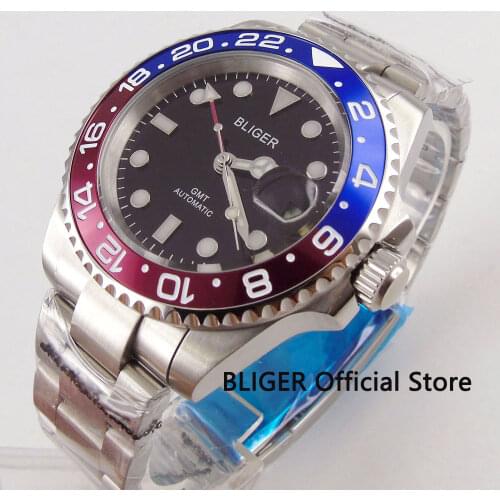 Sapphire Crystal BLIGER 40MM Black Face Mens Watch Blue Red Bezel GMT Function Luminous Date Display Automatic Movement Watch
