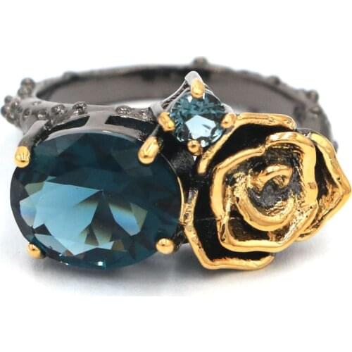 24x15mm Neo-Gothic Rose Created Dark London Blue Topaz Iolite For Women Street Fashion Jewelry Black Gold Silver Rings