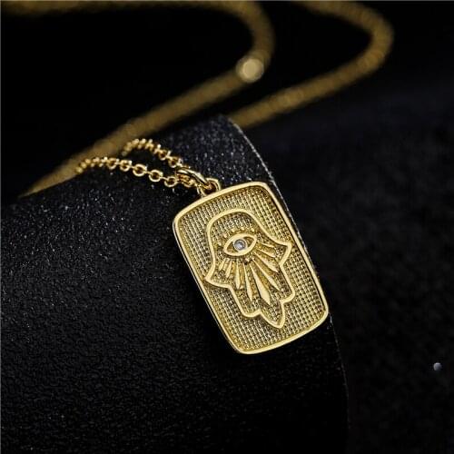 New Arrival Gold Color Copper Necklace Fashion Rectangle Shape Carve Palm Pendant Necklace For Women Girl Party Jewelry