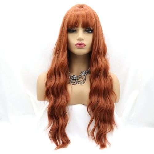 Cosplay Long Curly Water Natural Wave Orange Red Ginger Full Machine Made With Bangs Wig Glueless Wigs For Women Glueless Hair