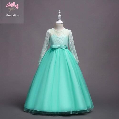 Popodion long sleeve flower girl dresses elegant bow tulle girls dresses FGD10106