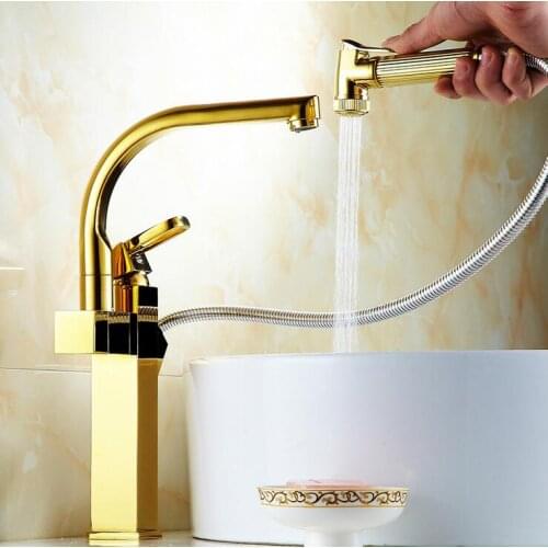 Gold plated stretched kitchen faucet pull down sink mixer, Rotated bathroom basin faucet cold hot, Copper long wash basin faucet