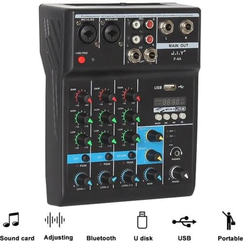 Professional 4 Channel Bluetooth Mixer o Mixing DJ Console with Reverb Effect for Home Karaoke USB Live Stage KTV