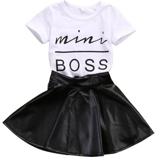Pudcoco Mini Boss Kids Girls Short Sleeve T-shirt Tops+Leather Skirts Mini Dress Outfits 2PCS Clothes Set