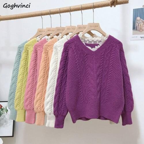 Pullovers Women Sweater Colorful Lace Tender Korean Style Chic V-neck Plus Velvet Thicker Long Sleeve Female Lazy All-match Knit