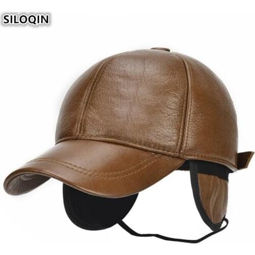 SILOQIN Adjustable Size Leather Caps 2020 New Mens Cowhide Baseball Cap Genuine Leather Hat Middle-aged Men Warm Earmuffs Hats