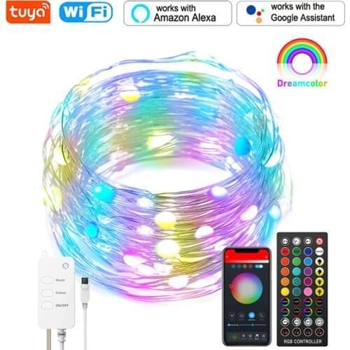 Tuya Smart Wifi LED Fairy String Light Dreamcolor 10M 100LED RGB USB Strip Light Work Alexa Google Music Sync App 40key Remote