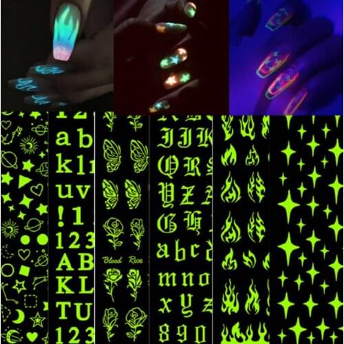 3D Luminous Nail Stickers Glow In the Dark Stickers Flame Butterfly Star Moon Summer Design Sliders Manicure Decorations Supplie