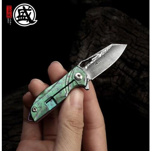 MITSUMOTO SAKARI Japanese Damascus Steel Folding Knife Multifunction MINI Folding Knife Outdoor Pocket Knife for Camping