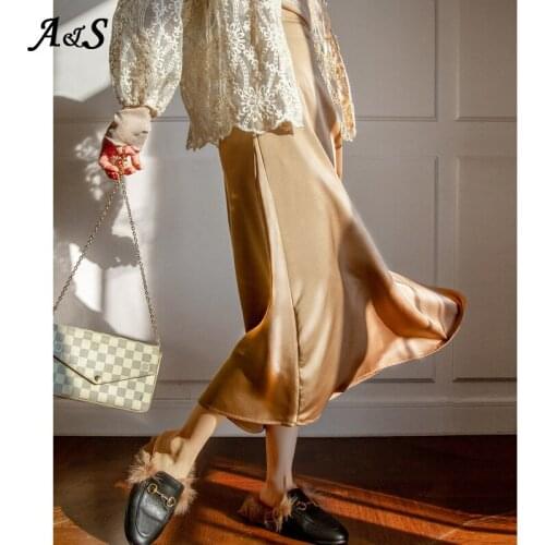 Anbenser Womens Silk Satin Skirt Vintage Korean Style High Waist Slim Midi Long Skirt for Women A-Line Elegant Skirts Plus Size