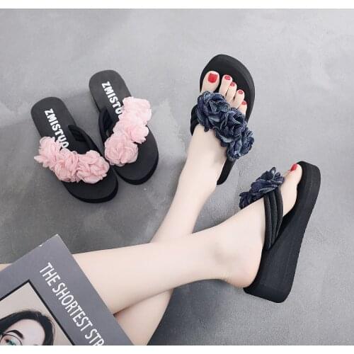 6 Cm High Heel Womens Summer New Elastic Cloth Belt High-heeled Non-slip Herringbone Ladies Lace Flower Sandals Muffin Slippers