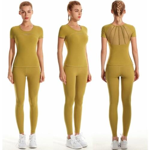 Women Sport Suit Padded T Shirt and Leggings Set Quick Dry Mesh Patchwork Exercise Suits Running Tracksuits