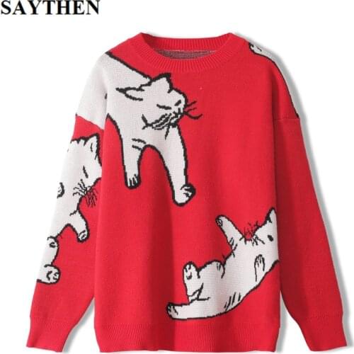 Saythen Knitted Oversized Pullover Sweaters Women Autumn And Winter 2020 Runway Color Contrast Jacquard Lovely Cat Loose Sweater