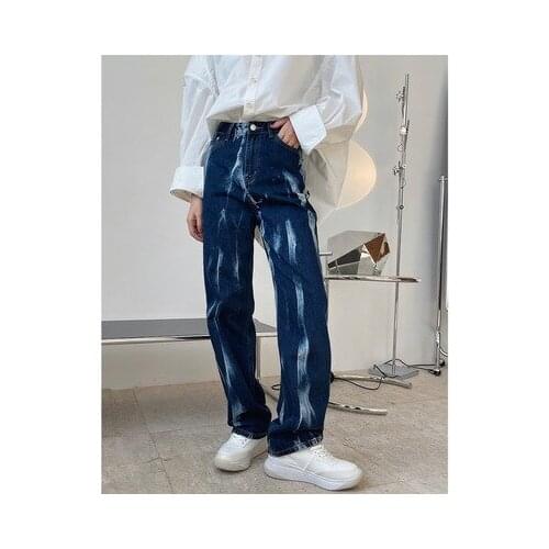 2021 spring new style European and American fashion street style tie-dye deep indigo high-rise straight-leg jeans loose and thin