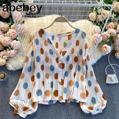 French Pleated Dot Blouses Women V Neck Puff Sleeve Single Breasted Cardigan Autumn Chic Korean Streetwear Blouse