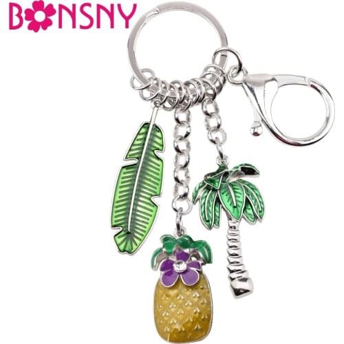 Bonsny Enamel Metal Pineapple Coconut Palm Tree Key Chains Keychains Tropic Gift Jewelry For Women Girls Car Bag Charms Pendant