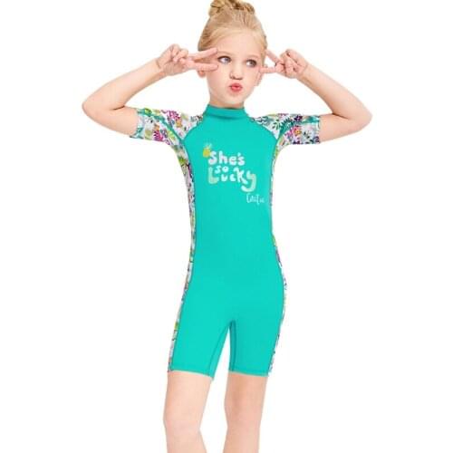Kids Girls One-piece Elastic Short Sleeve Sunscreen Swimsuit Diving Bathing Suit