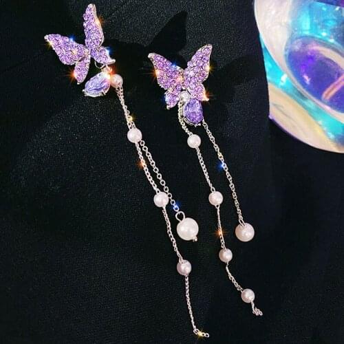 Purple Rhinestone S925 Silver Needle Butterfly Pearl Tassel Earrings Fairy Net Red Earrings Long Water Drop Crystal Jewelry